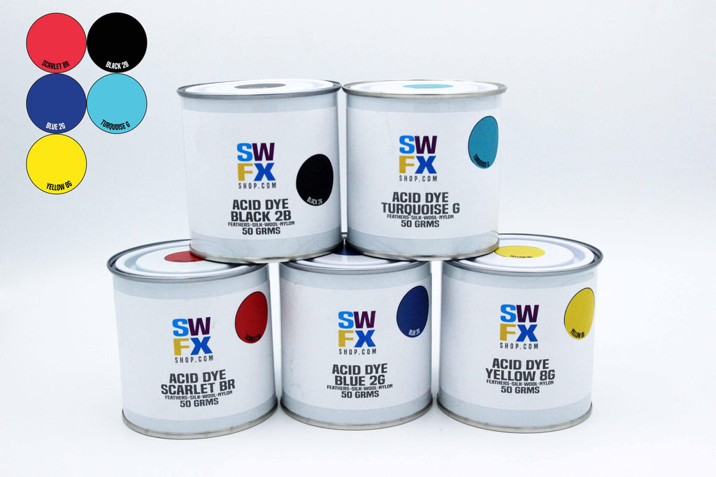 SWFX Acid Dye Basic Set - Intermixable basic colours. Will dye silk, wool, nylon and feathers - SWFX Shop