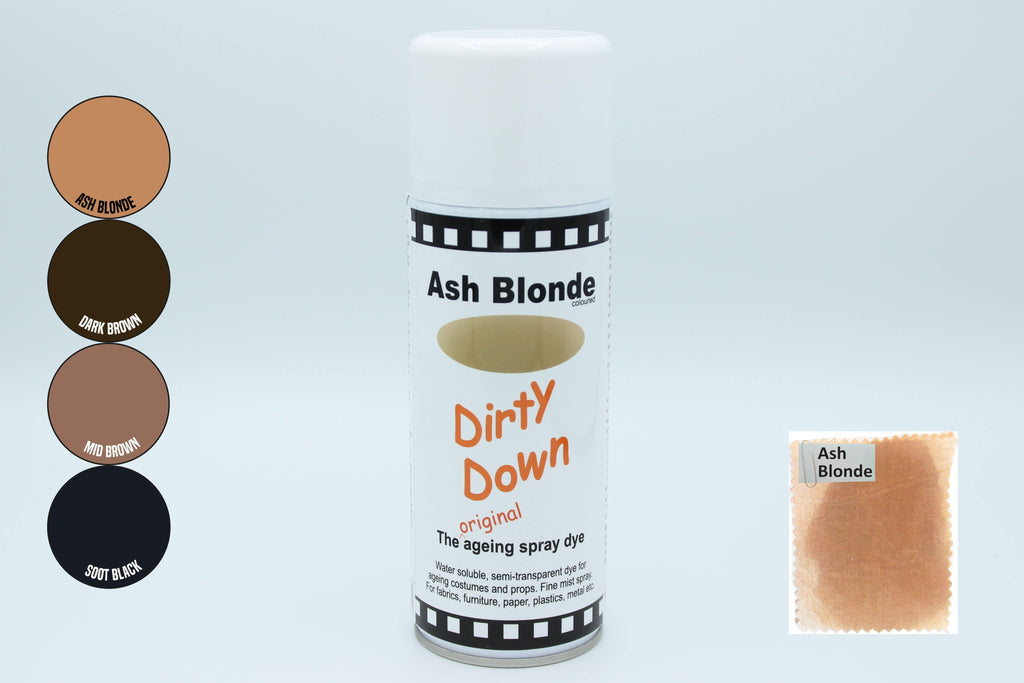Spray can of Dirty Down Ageing Spray with colour samples