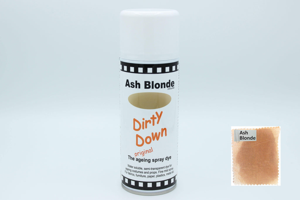 Spray can of Dirty Down Ageing Spray with colour samples