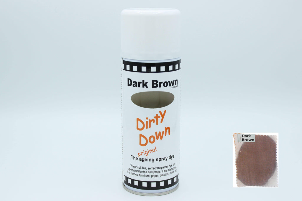 Spray can of Dirty Down Ageing Spray with colour samples- Quick, reliable, spray-on ageing dye. Fast and effective non-permanent application - SWFX Shop