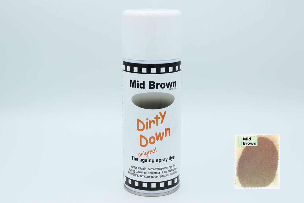 Spray can of Dirty Down Ageing Spray with colour samples - Quick, reliable, spray-on ageing dye. Fast and effective non-permanent application - SWFX Shop