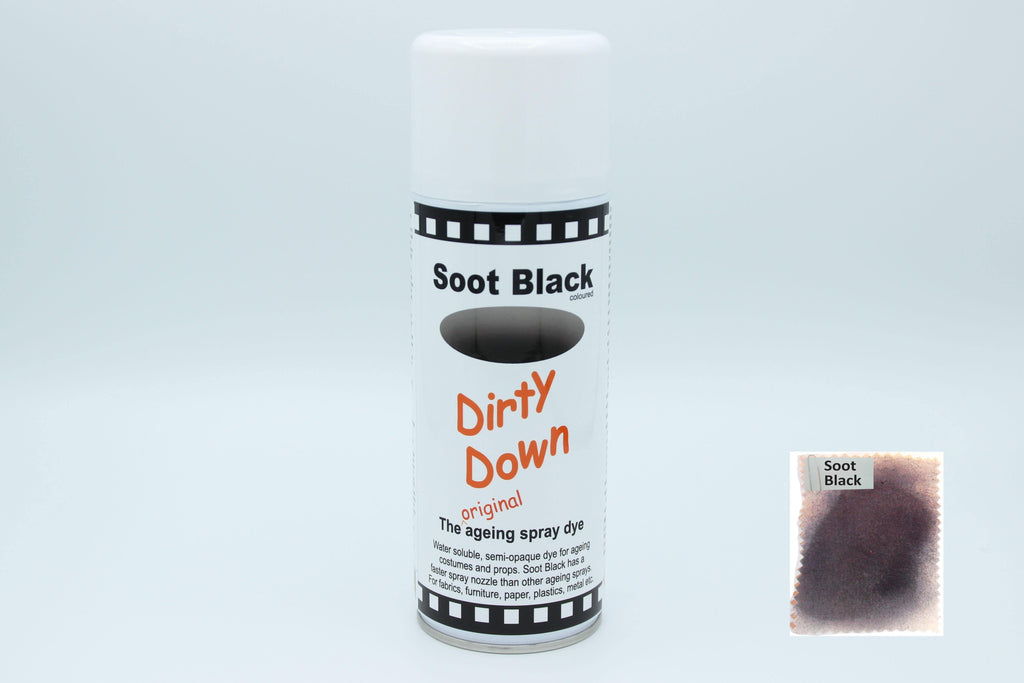 Spray can of Dirty Down Ageing Spray with colour samples - Quick, reliable, spray-on ageing dye. Fast and effective non-permanent application - SWFX Shop
